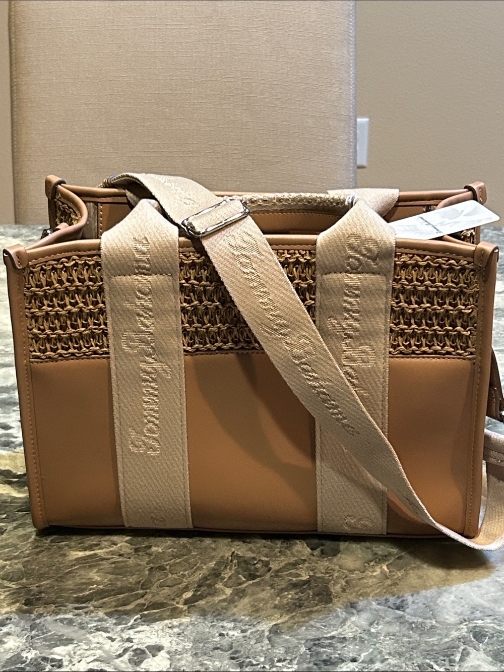 Straw-Weave Tan Crossbody Tote with Canvas Strap